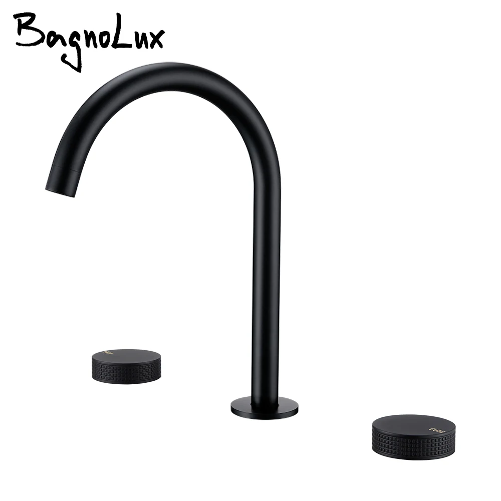 

Mate Black Basin Faucet Hot And Cold Water Tap 360° Rotation Spout Knurled Design Double Handle Deck Mounted 3Pcs Sink Mixer ki