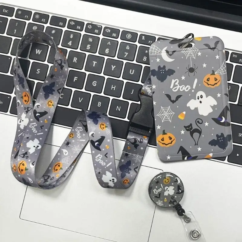 B9HD 호박 배지 끈 끈 스트랩 버스 카드 케이스 할로윈 끈 카드 홀더