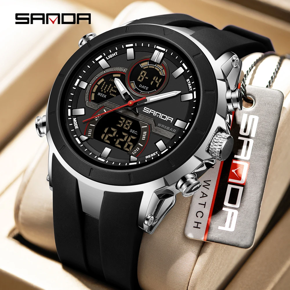Men's Dual Display Waterproof Sports Watch with Large Dial and Luminous Features