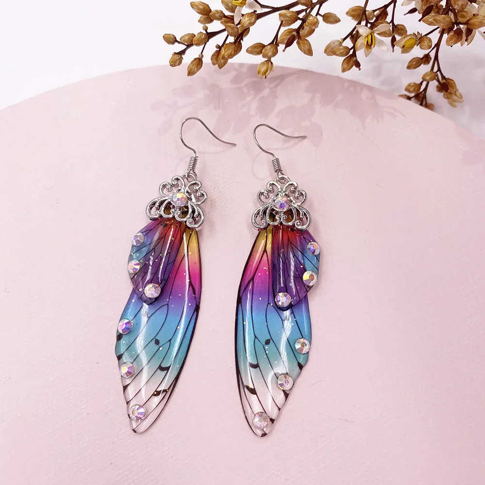 Fairy Rainbow Gradient Resin Butterfly Wing Rhinestone Glitter Earrings