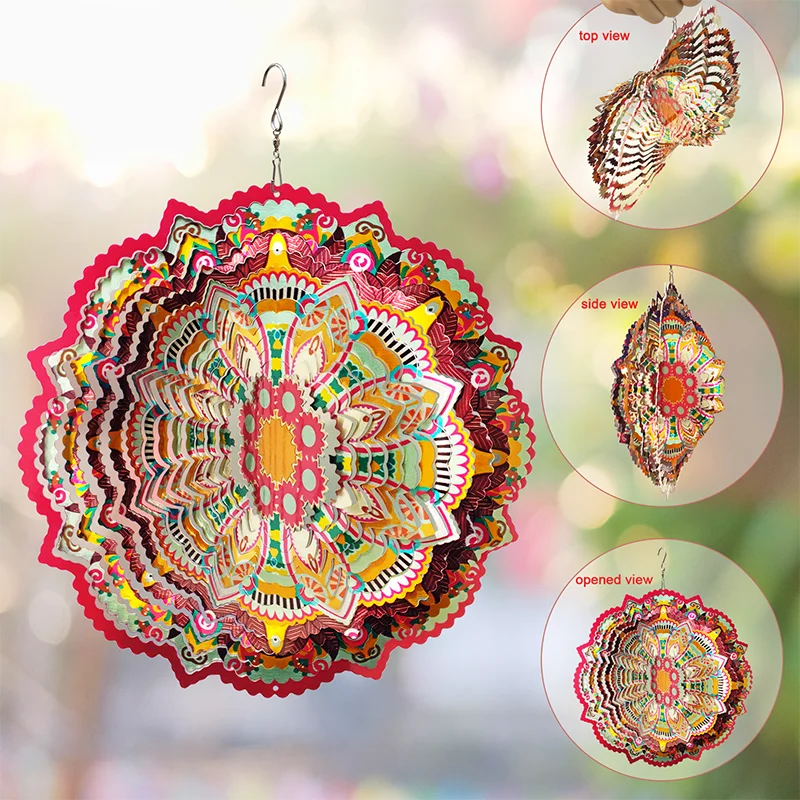 PSATHENAT Wind Spinner Mandala Lucky Star Pink 12in 3D Stainless Steel Art Geometric Pattern Hanging Kinetic Yard Art Decoration
