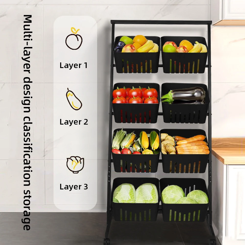4-Tier Fruit and Vegetable Basket W/Rolling Wheels Fruit Basket Stand Vegetable Storage Rack for Kitchen Floor & Pantry