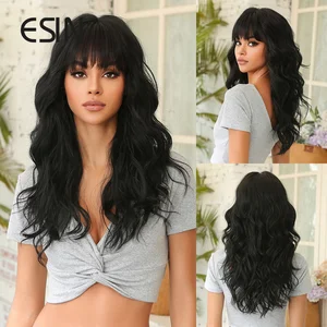 ESIN 26 Inches Long Black Wig Synthetic Hair Wigs for Women Daily Party Cosplay Use Hair High Resistant Fiber