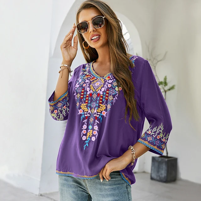 KHALEE YOSE Floral Embroidery Blouse Shirts Boho Vintage Chic Mexican Autumn Blouse 2xl 3xl Ethnic Hippie Women Shirt Blouse 1