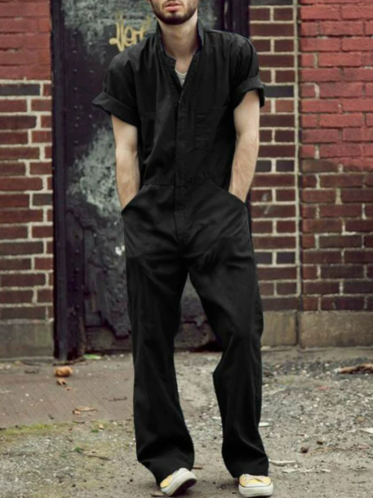 Loose Fit Short Sleeve V-Neck Workwear Pants Jumpsuit Multi-Pocket Buttoned Men's Summer Clothing Breathable Sweat-Wicking