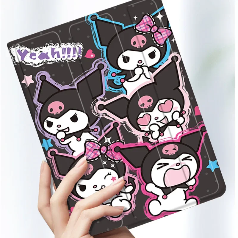 IPad Case Kawaii Sanrio Kuromi IPad 10 Case Cartoon Three Fold Silicone Soft 7 8 9 Pro 10.5 Air 3 4 5 Covers