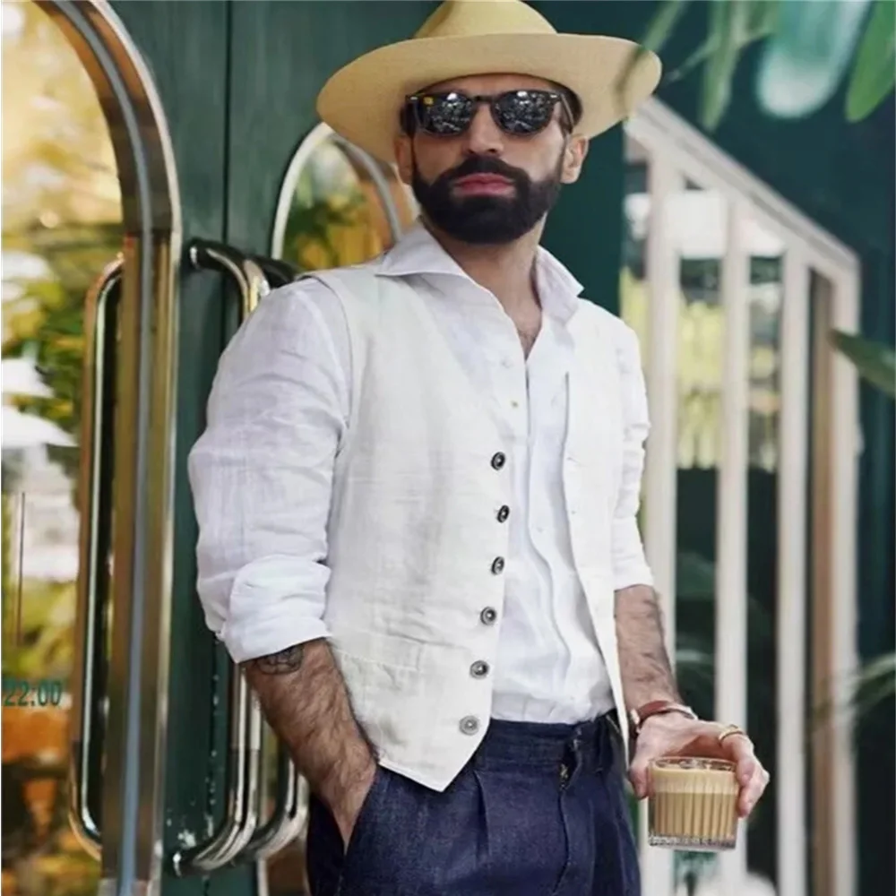 Men vest sleeveless summer linen slim fit button suits waistcoat formal wedding dress gilet dress vests