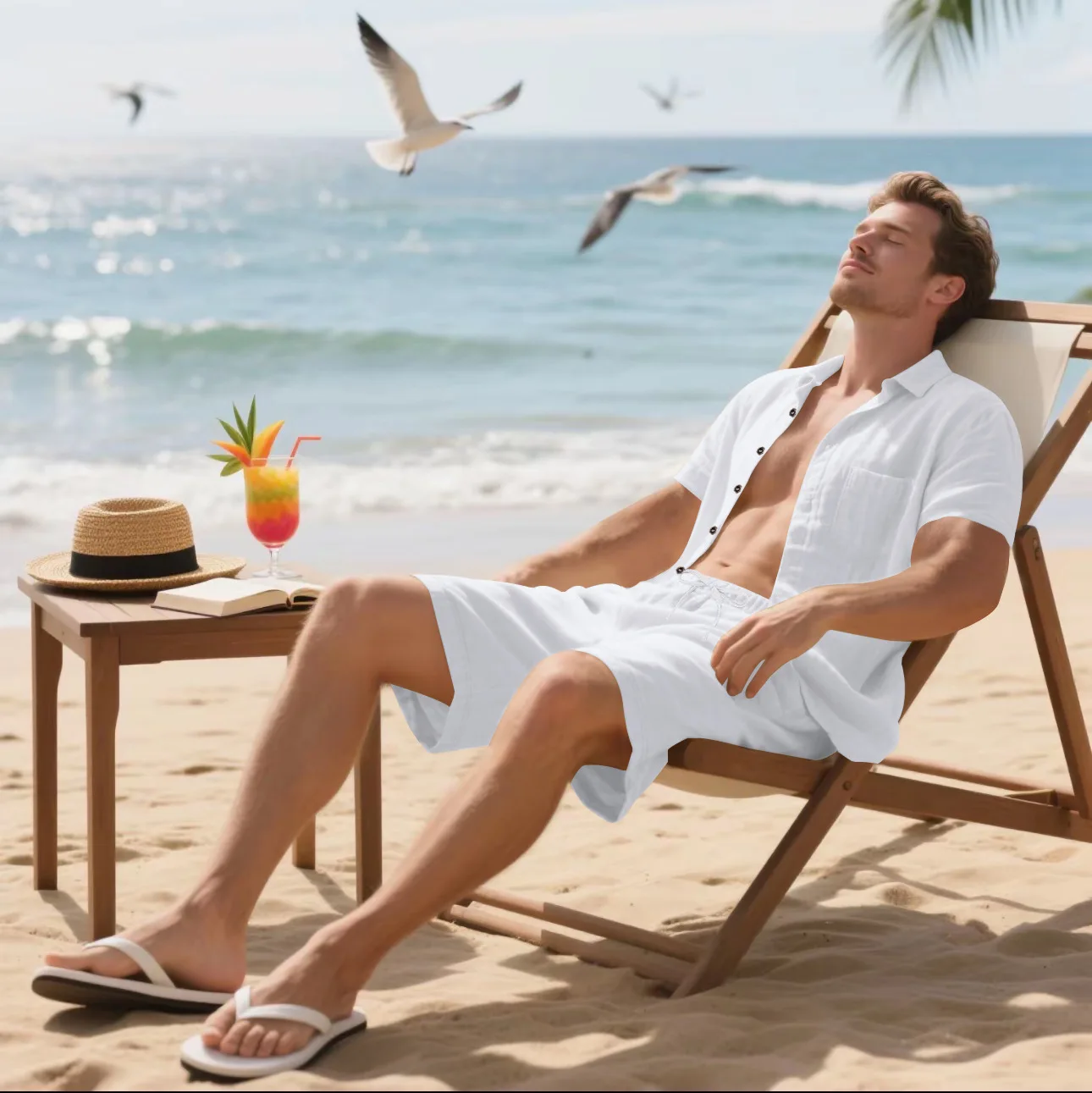 Summer Men's Solid-Color Linen Beach Suit, Lapel Button Short-Sleeved Shirt Paired With Drawstring Shorts, Casual 2-Piece Set