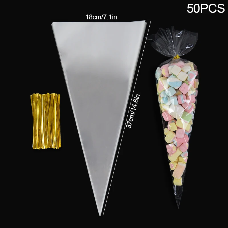 50 bolsas de celofán transparentes para envolver palomitas de maíz y caramelos, bolsas de regalo para galletas, regalos para bodas, cumpleaños, fiestas, suministros navideños