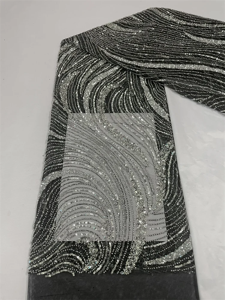 

Latest Black African Handmade 3D Beaded Lace Fabric French Net Lace Fabric Flower Embroidery With Beads For Wedding Sewing