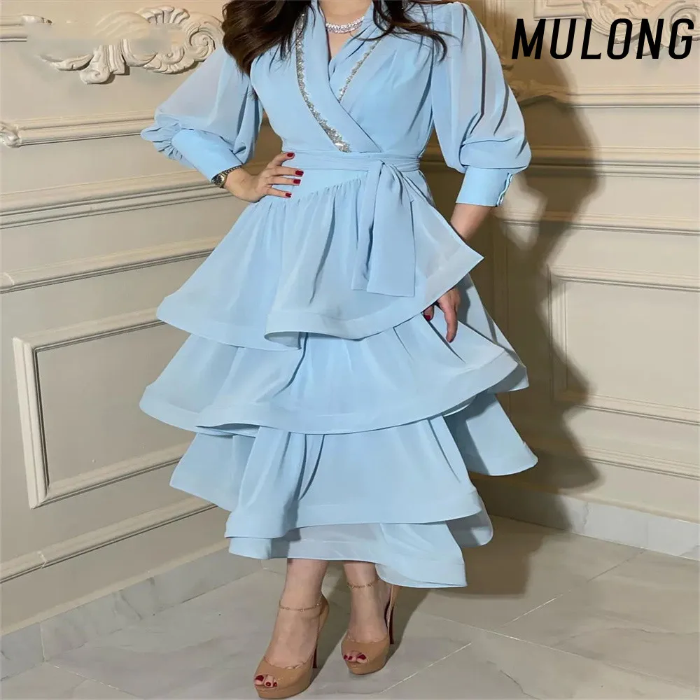 

MULONG Fashion Pleat Blue V Neck Puff Sleeve Long A Line Ruffles Prom Dress Tea Length Elegant Evening Gowns New 2023