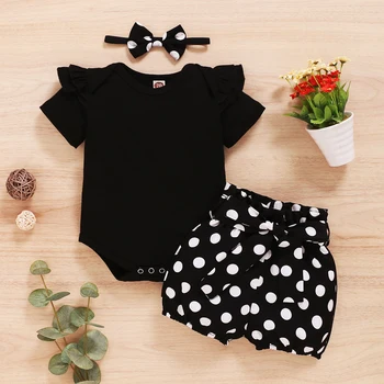 0-18 mesi neonati neonata set body nero a maniche corte + pantaloncini a pois + fascia per capelli bambina moda estiva 3 pezzi abbigliamento 1