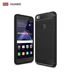 Silicone Holder Stand Shockproof Phone Case with Brushed Carbon Fiber Design for P8 Lite 2017 (Black)