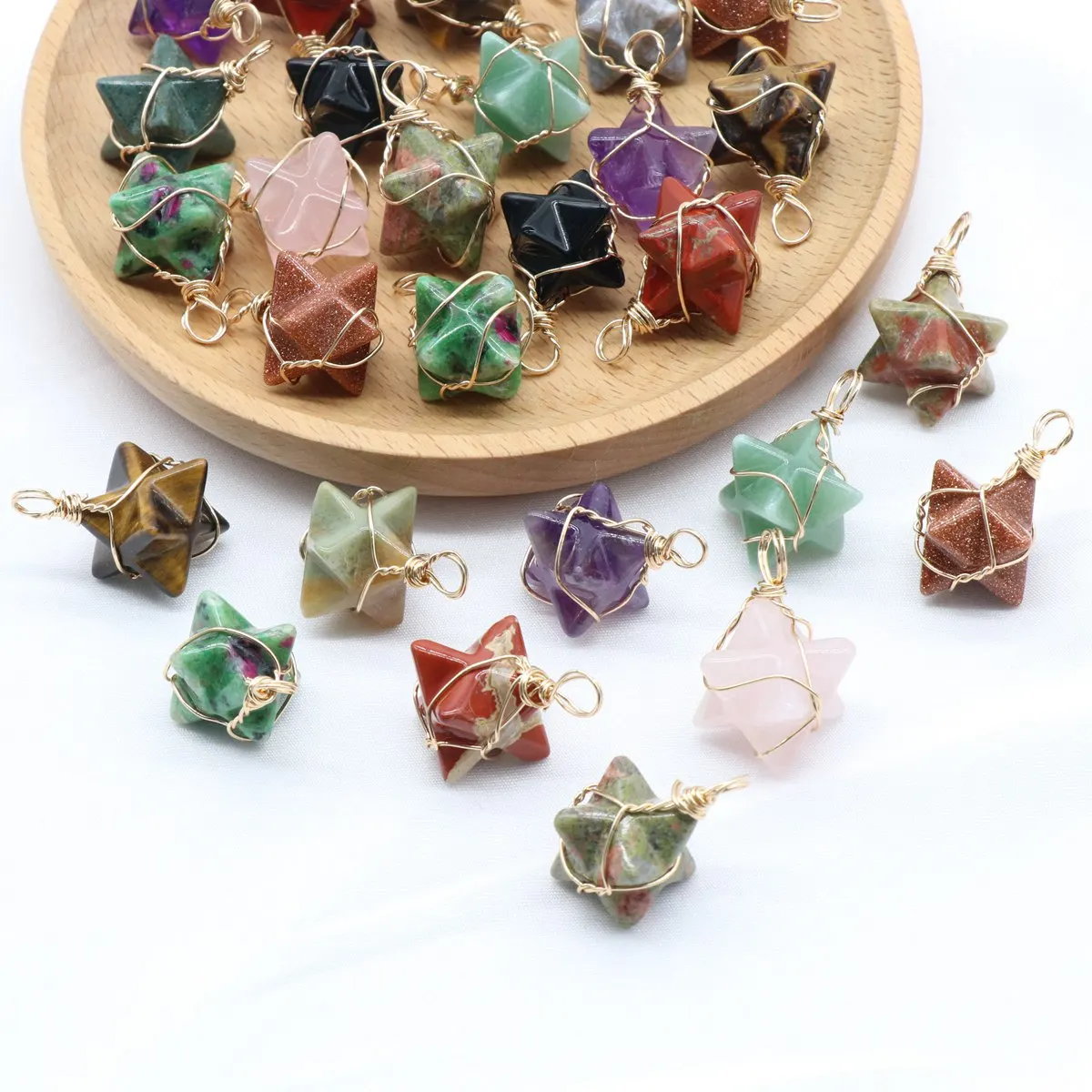 8PCS Tigers Eye Merkaba Star Pendants for Making Jewelry Necklace Stone Dangle Charms Healing Chakra Crystal