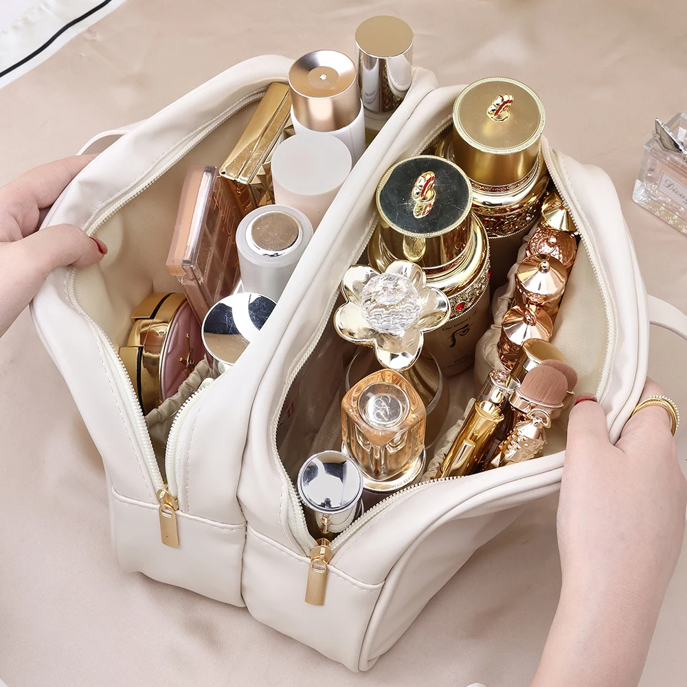 Large-Capacity Double Layer Travel Cosmetic Bag Portable PU Makeup Pouch Women Waterproof Bathroom Washbag Multifunctional Bag 4