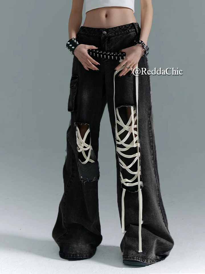 【RANCHIC】side slit denim ribbon pants Punk Style Metal Buckle Ribbon High Waisted Spicy Girl Loose