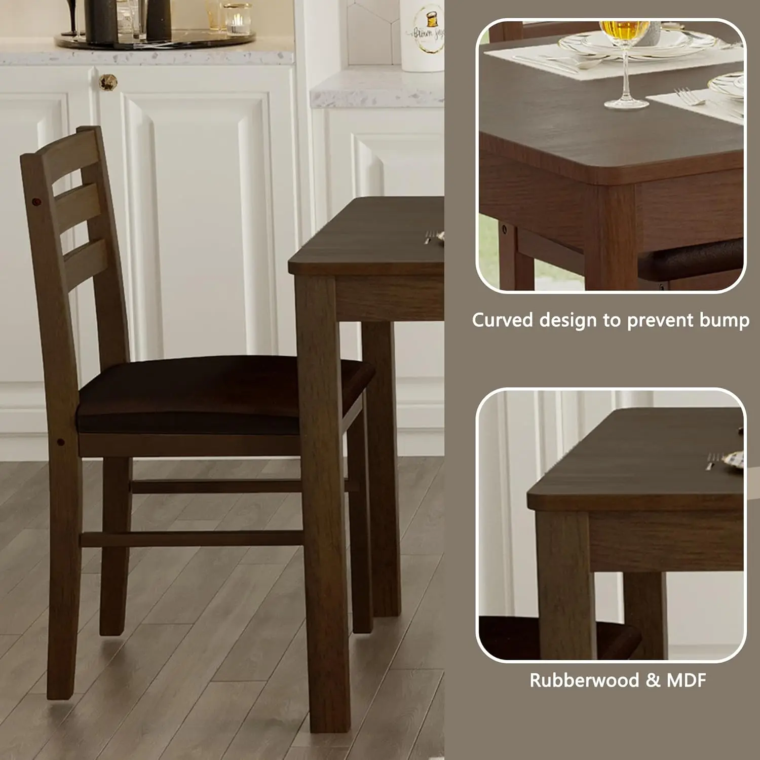 5-Piece Solid Wood Indoor Modern Rectangular Dining Table Set for 4,Table and 4 Chairs Set with PU Leather Cushion