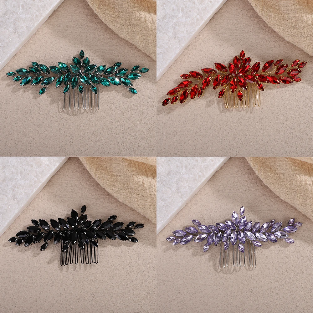 14Color Rhinestone Bridal Hair Comb Silver Green Wedding Hair Accessories Red Blue Headpiece for Women Black Tiaras Ornament