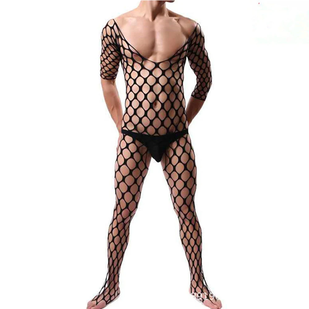 Mans Sexy Erotic Fishnet Bodysuits Catsuit Transparent Open Crotch Clothes See Through Body Stockings Mesh Body Suits Lingerie