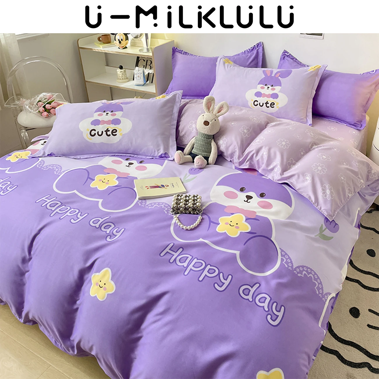 

Cute Rabbit AB Two-sided Comforter Queen King Bedding Set Bed Sheets and Pillowcases Luxury Purple Cartoon Duvet Cover Set 180