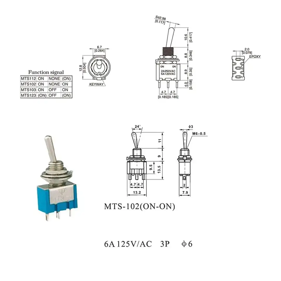 20PCS Mini Single Toggle Switch MTS-102 SPDT AC 125V 6A/ 250V 3A ON-ON 3 Pins 2 Position MTS102 for Electronic Products image 2