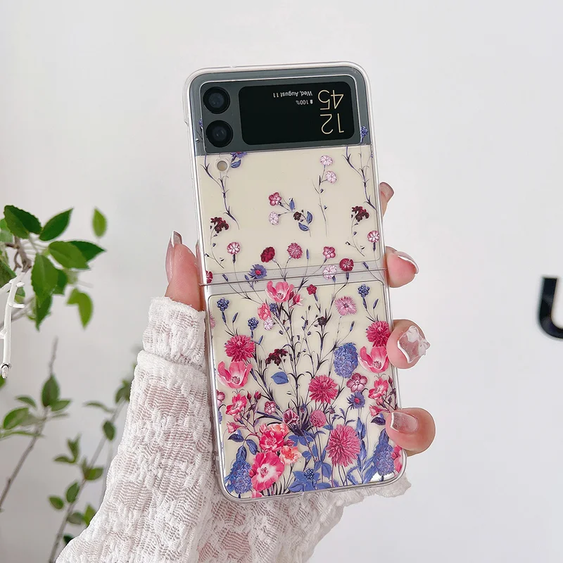 For Samsung Galaxy Z Flip 6 5 4 3 Case Floral Transparent Folding with Bracelet For Samsung Z Flip 3 5G ZFlip4 Hard Back cover