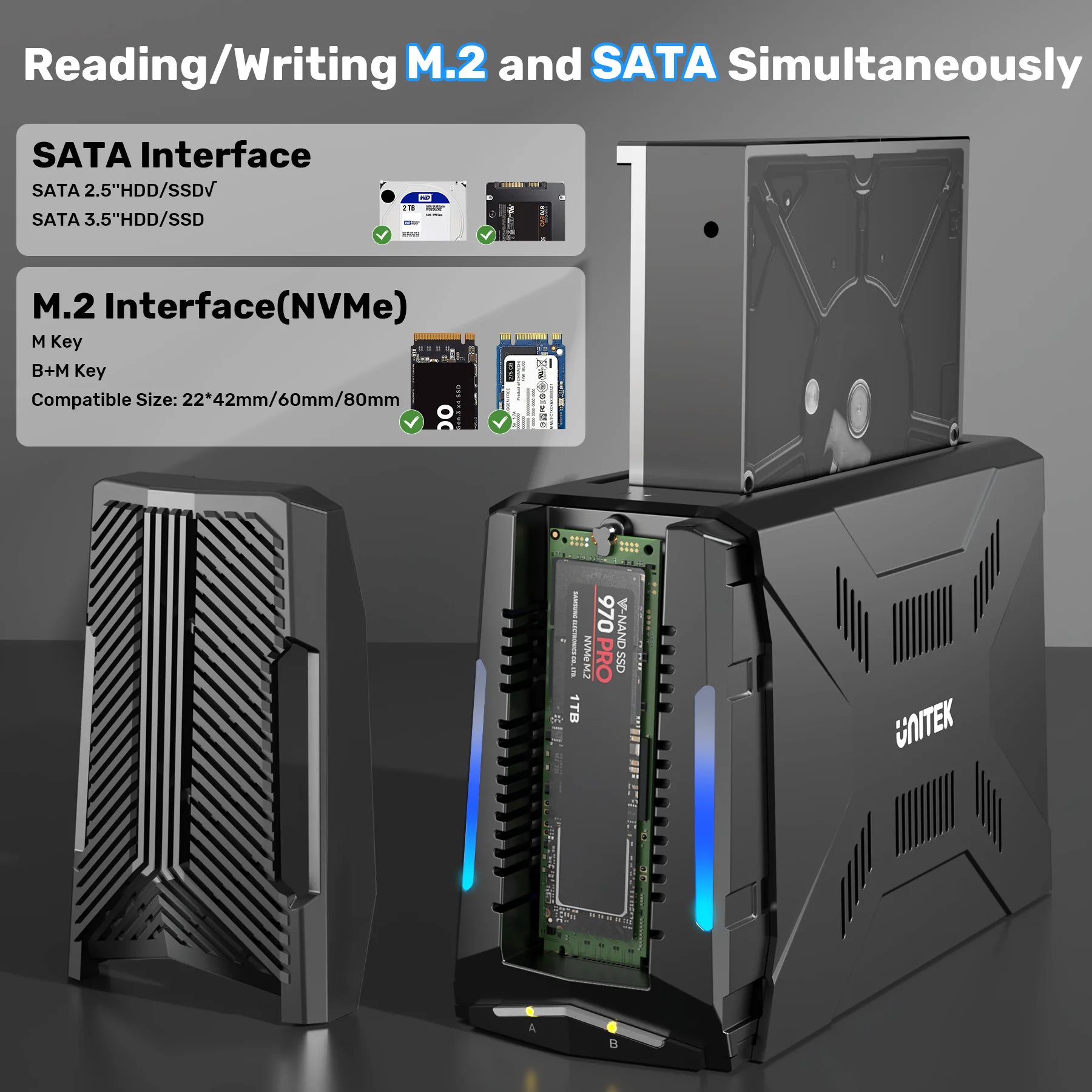 SSD Docking Station Unitek M.2 USB C 10Gbps to M2 NVMe SATA Adapter for 2.5" 3.5" SSD HDD Enclosure