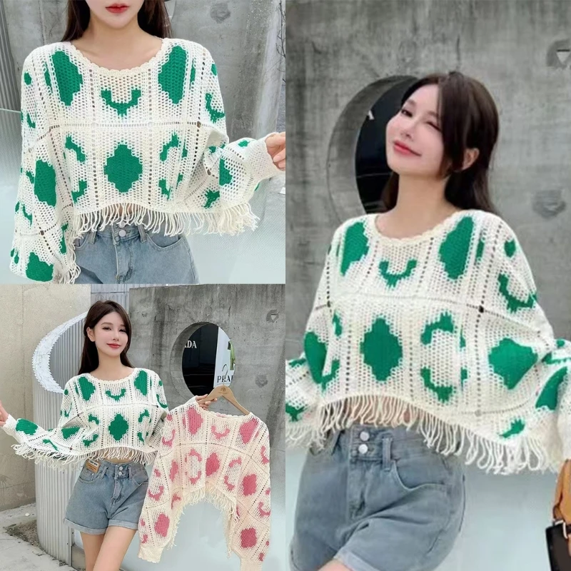 

Womens Y2k Long Sleeve Knit Crop Top Casual Loose Crochet Cropped Sweater Tops Round Neck Fall Knitwear T-shirts Blouse