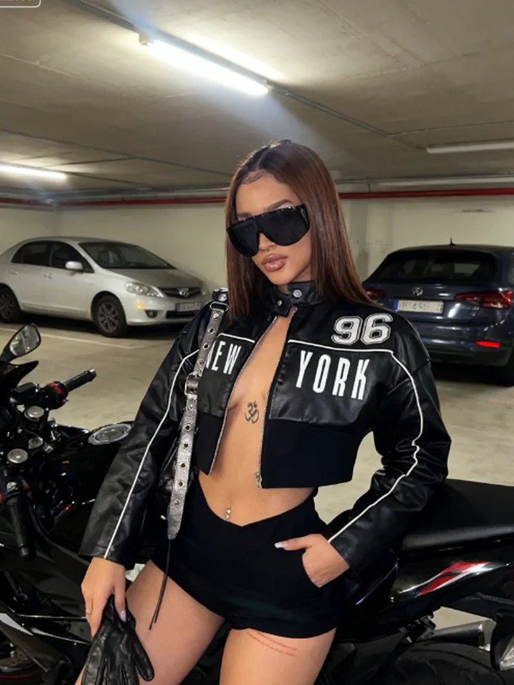 Nibber Hottie Letter Print PU Leather Coats Woman Zip Cardigan Full Sleeve Navel Exposed Autumn Trend High Street Style Jacket