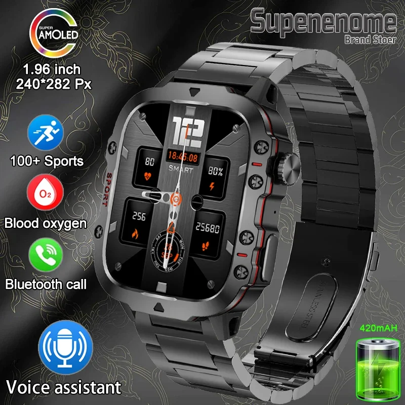 남성용 블루투스 통화 음성 어시스턴트 시계, 스포츠 피트니스 방수 스마트워치, 1.96 인치 화면, 새로운 스마트 워치, 420 mAh 배터리 
