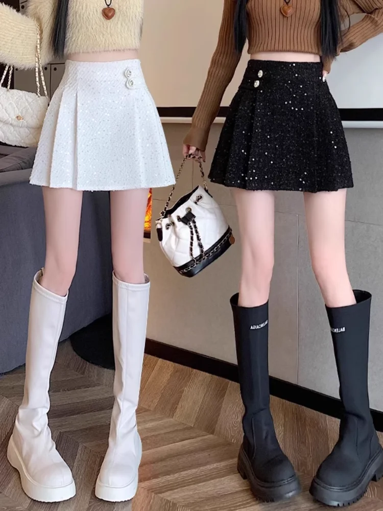 

Шерстяная мини-юбка с блестками, Осень-зима 2024, короткие юбки с высокой талией и блестками, в Корейском стиле