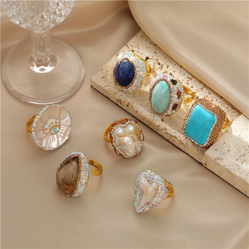 

Vintage Elegant Baroque Freshwater Pearl Ring for Women Evil Eyes Simulated Gemstone Turquoise Crystal Ring Copper Gold Plated