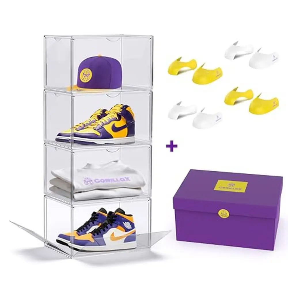 

Clear Acrylic Sneaker Storage Organizer Stackable Shoe Boxes Drop Front Display Case Gift Dropfront Box 4 Pack Protector Men