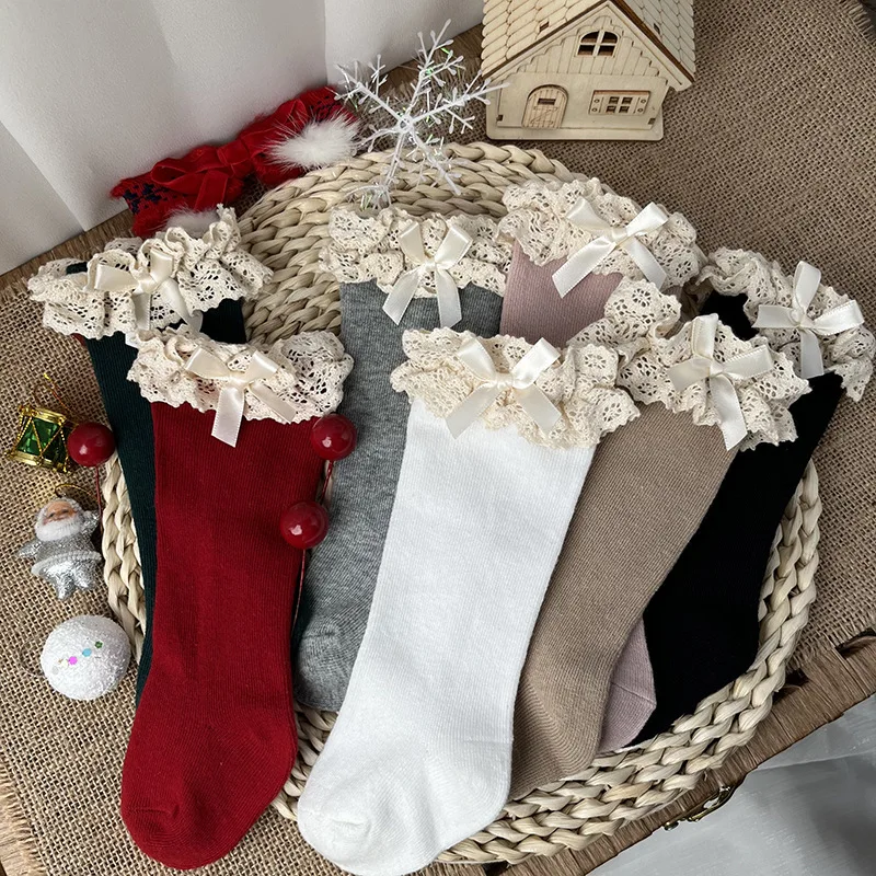 جوارب طويلة قطنية عالية بكشكشة للركبة للفتيات الصغ...