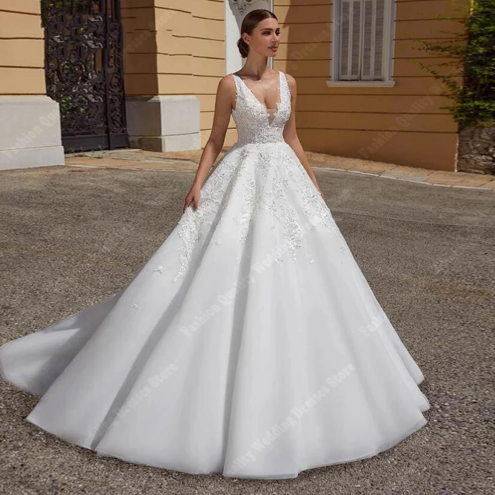 Elegant V-Neck Wedding Dresses Princess A-Line Shine Tulle Bride Robes Beach Party Fluffy Skirt Hem Vestido De Novia Customized 3