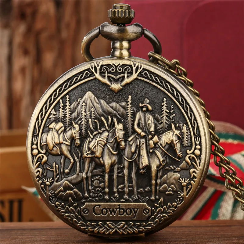 Antique Pocket Watch with Carving Western Cowboy Pattern Bronze Necklace Chain Quartz Watches To Men Women Arabic Number Clock