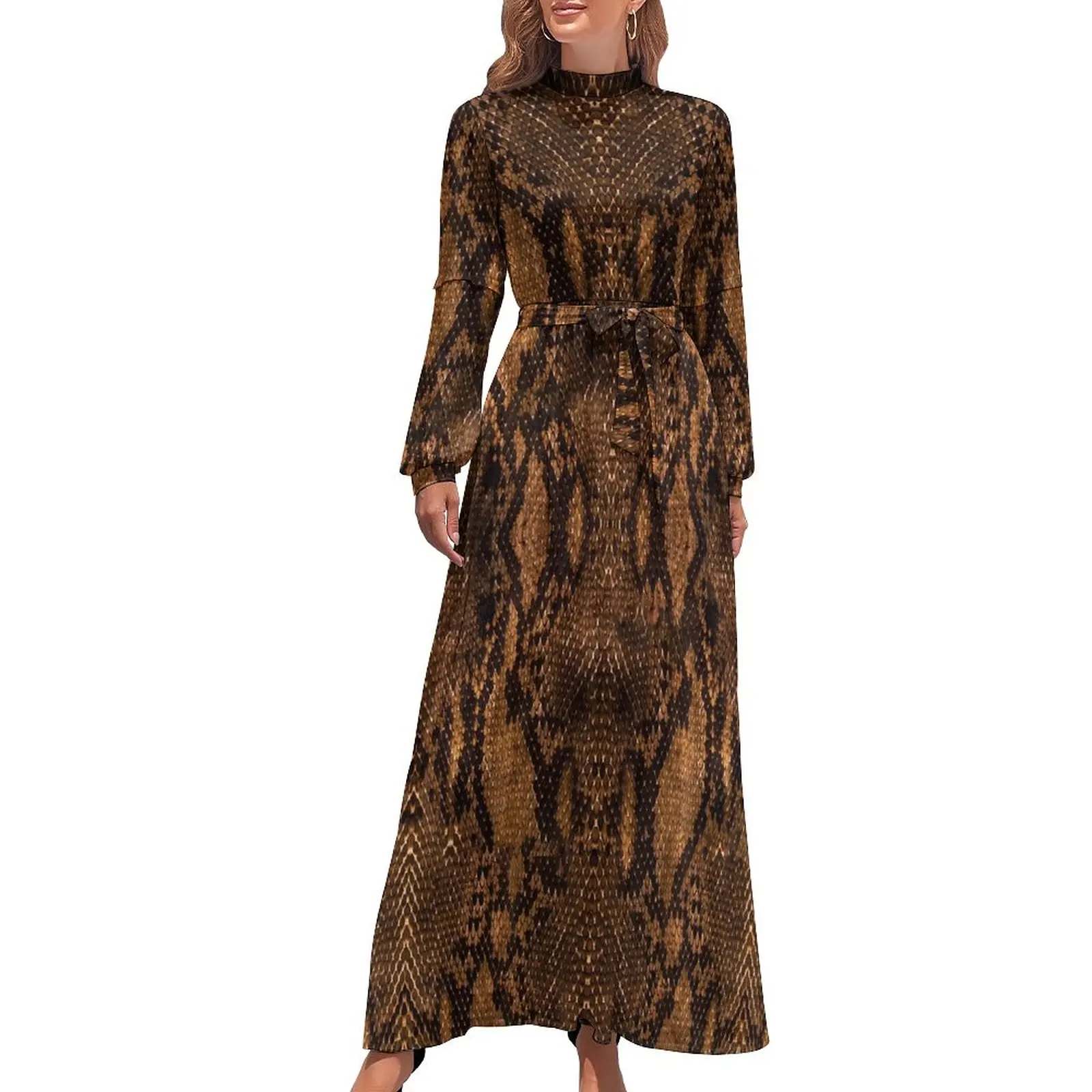 

Brown Snakeskin Dress Animal Print Street Style Beach Dresses Women Long Sleeve High Neck Vintage Long Maxi Dress