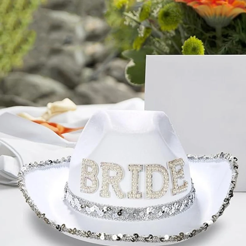 Funny Cowboy Cowgirl Bride Hat with Mesh Veil Rhinestones Bride Letter Wide Brim Hat Bachelorette Wedding Party Props