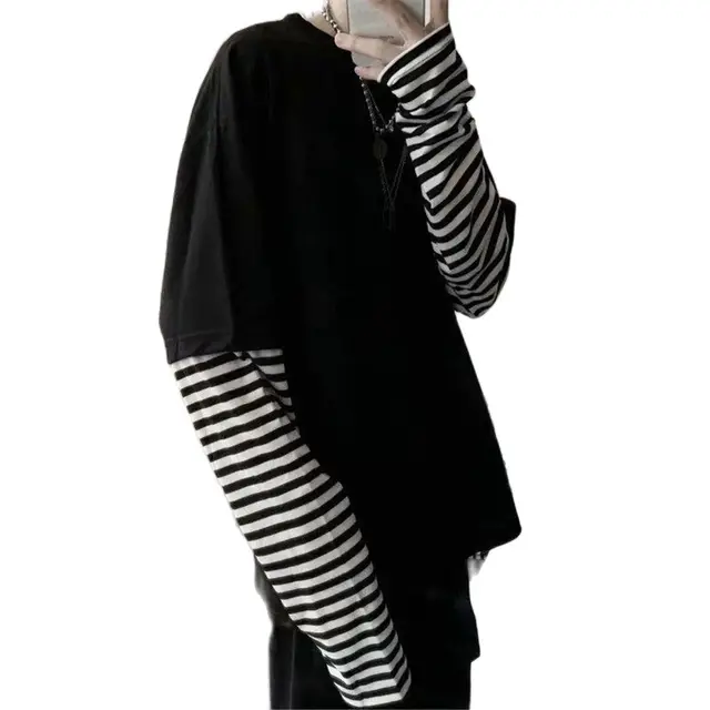 Camiseta de retales a rayas para hombre, Tops de gran tamaño para niño, camiseta de manga larga sólida, camiseta japonesa gótica de Japón - Imagen 3