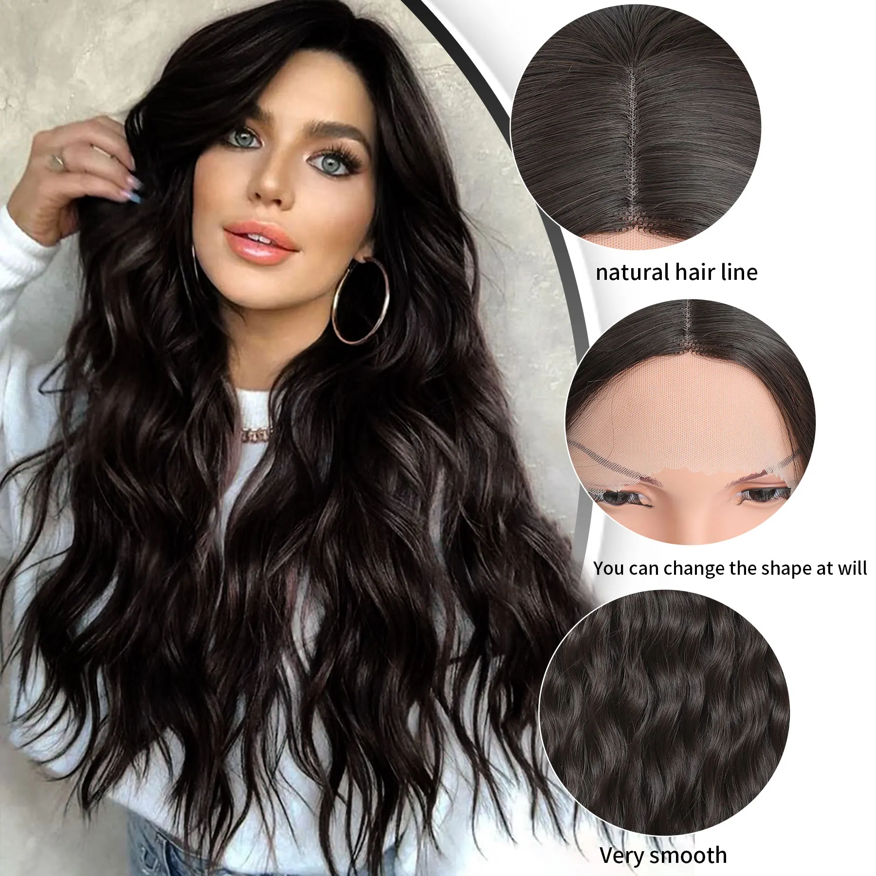Karida-Perruques de cheveux longs ondulés pour femmes, perruque noire, partie centrale, perruque ondulée bouclée, fibre de degré de chaleur synthétique, 28 po, 03