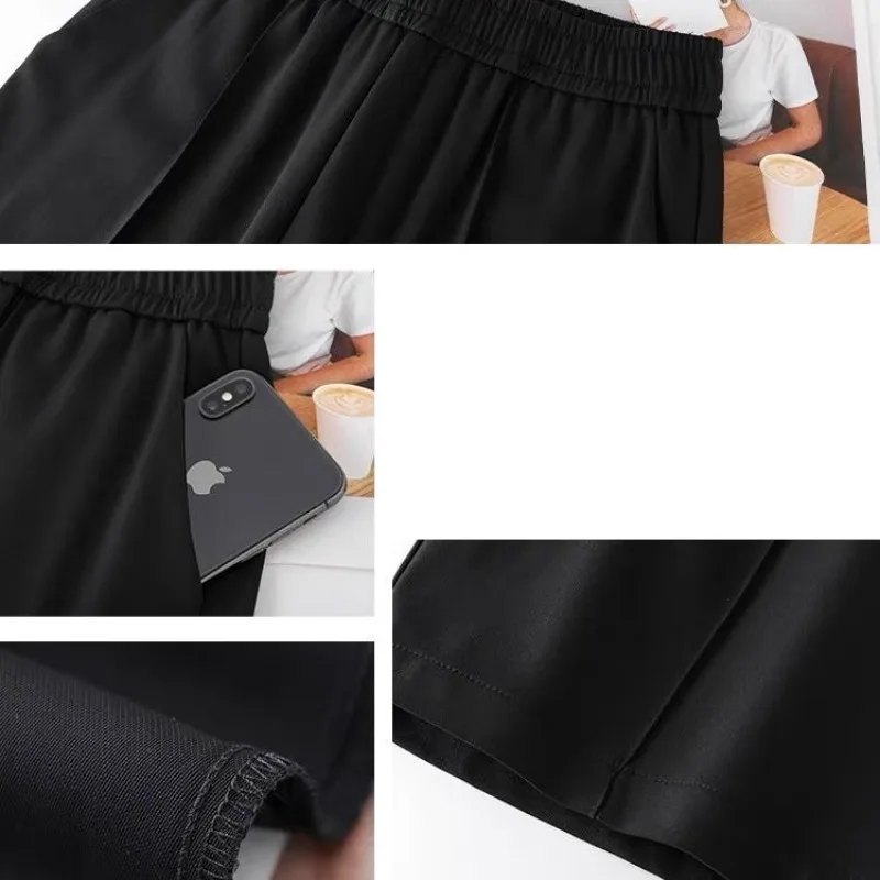 Summer Women's Clothing Solid Color Elastic High Waist Pockets Casual Trouser Suits Straight Cargo Chiffon Capri Pants Shorts