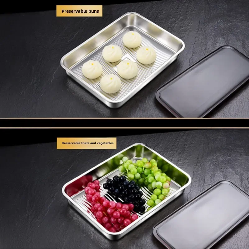 304 Stainless Steel dumplings Box With Plastic Lid & breathable holes Reusable seal Tray Food Storage Boxes fresh box crisper