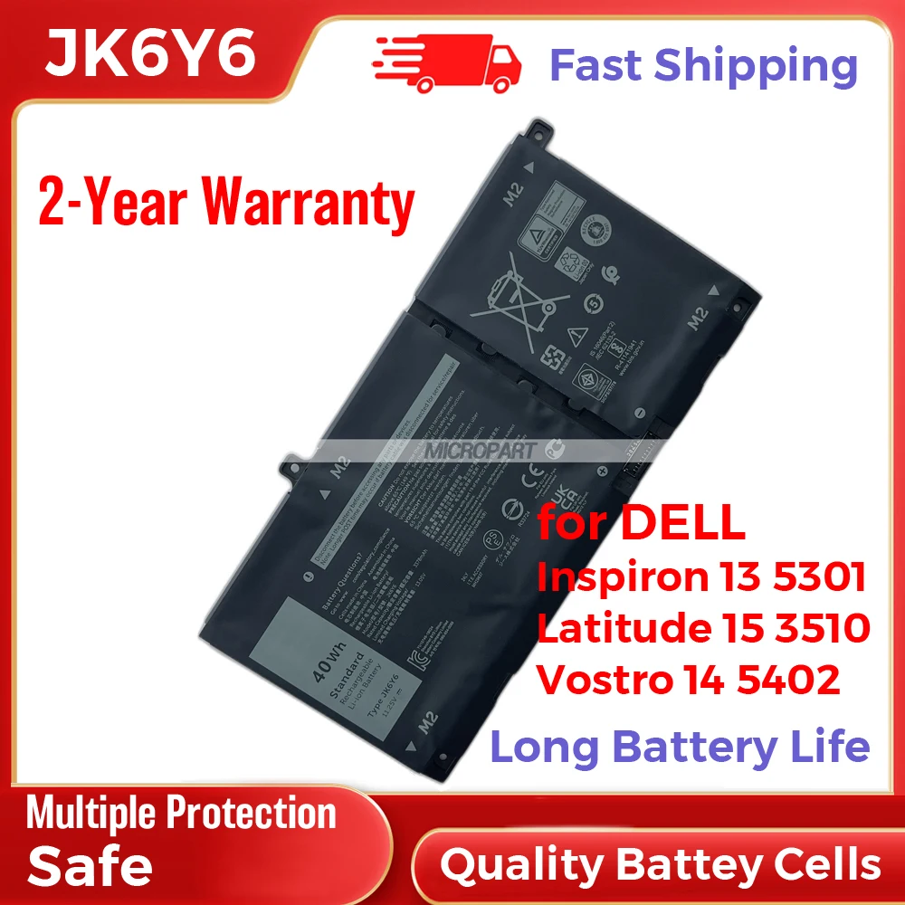 Batteria Sostitutiva Per Laptop 40Wh Jk6Y6 Per Dell Inspiron 13 5301 Inspiron 14 5406 2-In-1 Latitude 15 3510 Vostro 14 5402 11.25V