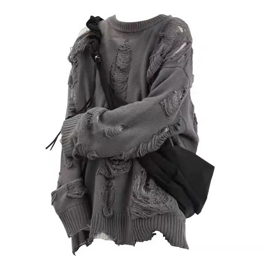 Long Sleeve Sweater Streetwear Men's Sweater Hip Hop Style Ripped Two-piece Design Knitted Round Neck Soft Warm Fall/winter