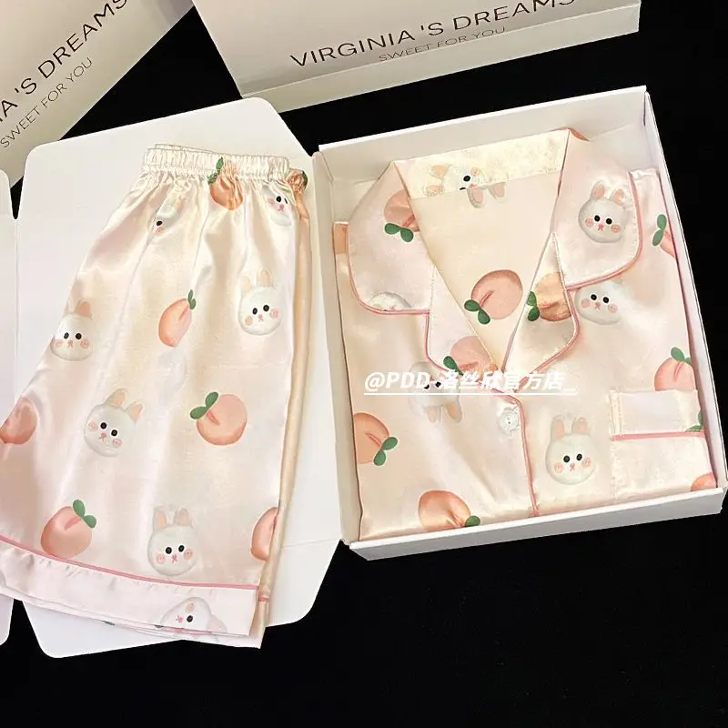 Summer Print Silk Sleepwear Women Short Sleeve Cardigan Shorts Pajama Sets Kawaii Loungewear Nightwear Pijama Mujer New