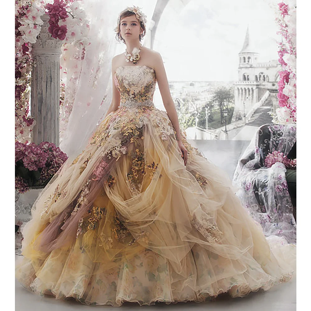 Gold Strapless Point Chiffon Draped Quinceanera Dress Ball Gown Appliques Lace Handmade Flowers Corset Sweet 15 Prom Party
