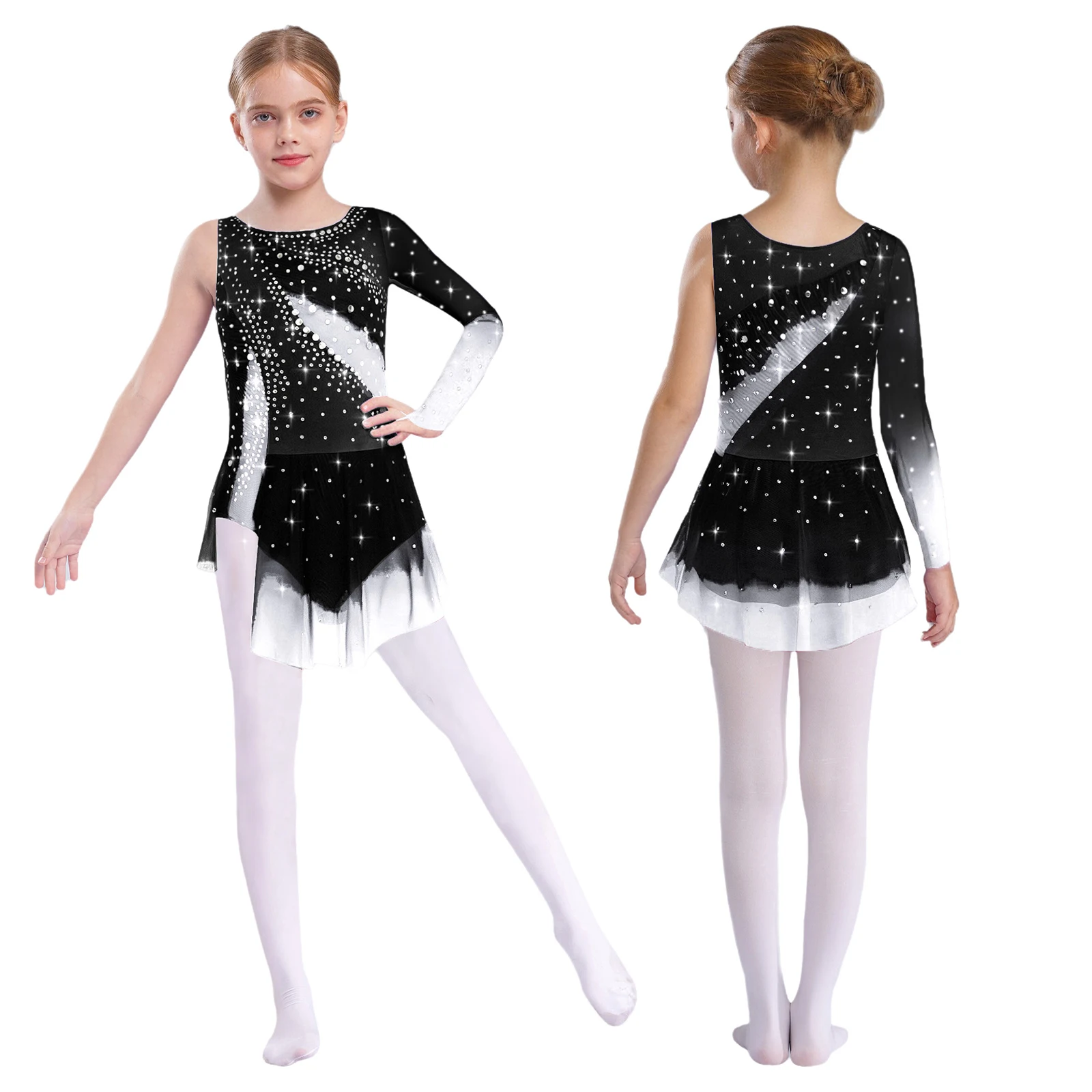 Kinder Mädchen Eiskunstlauf Rhythmische Gymnastik Trikot Kleid Asymmetrische Split Glänzende Strass Kontrast Farbe Kleid Ballerina – Detail 6