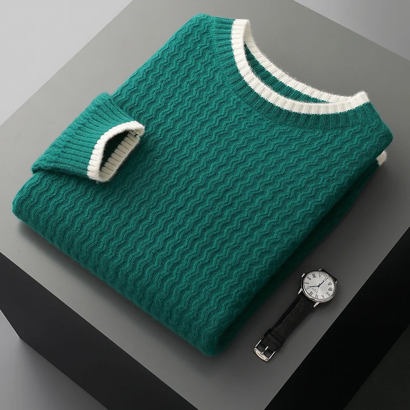New Autumn/Winter Wave 100% Merino wool cashmere sweater men's O-neck pullover warm bottom knit shirt top 5