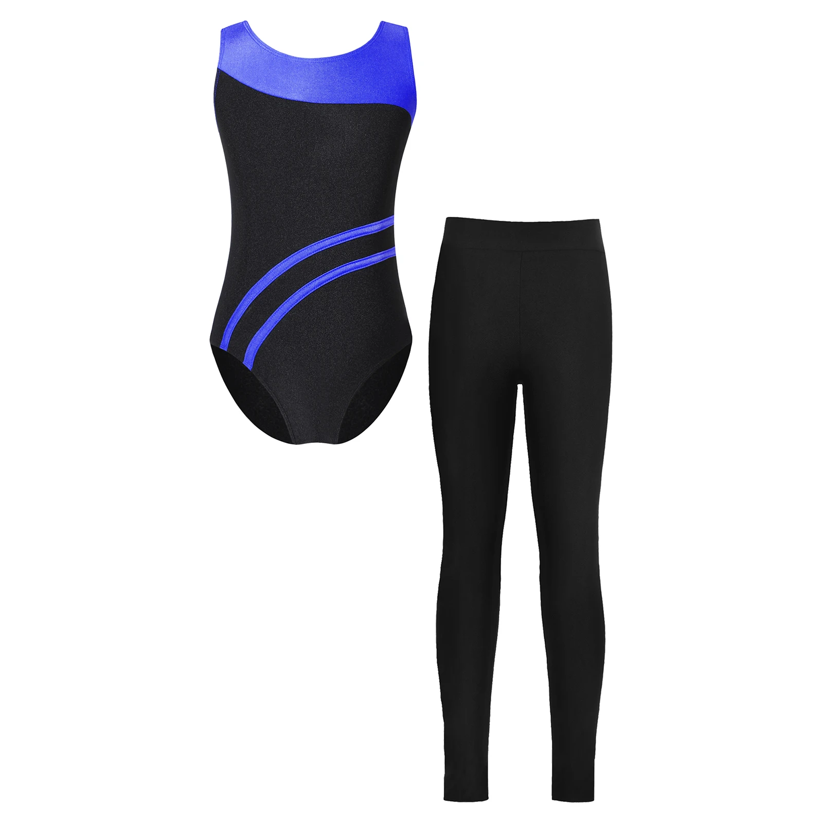 2pcs Kids Girls Dance Suits Open Back Contrast Color Sleeveless Leotard with Soild Color Leggings for Gymnastics Performance