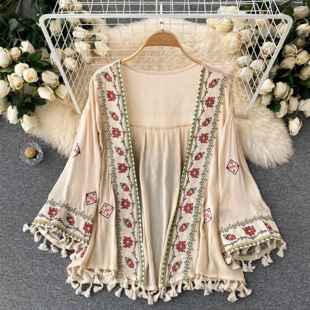 Sexy Boho Tassel Embroidery Sheer Loose Beach Cover Up Casual Cover-ups Vacation Beach Dress Beach Wear Beachwear Female Women 3